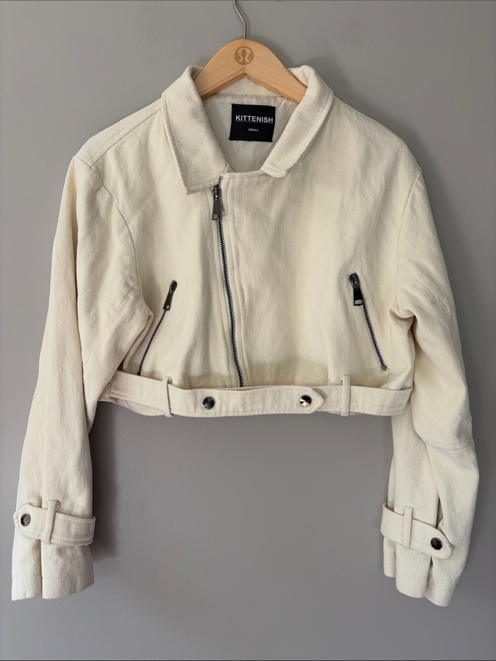 Kittenish Cropped Moto Biker Jacket Small Ivory Cream Oversized‎ Asymmetric Zip